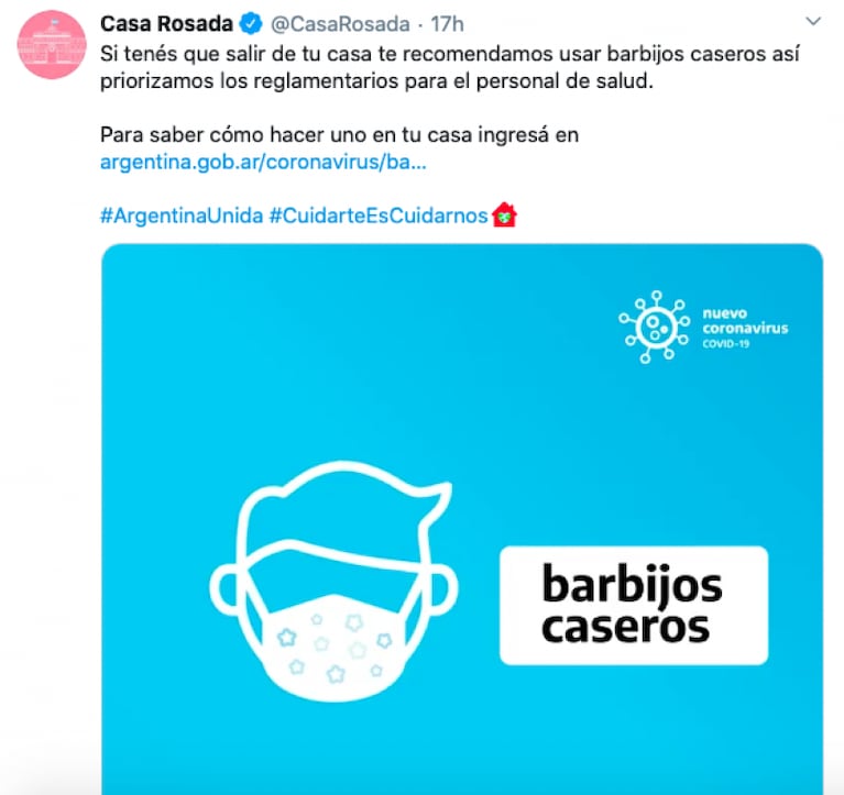 Coronavirus: el Gobierno Nacional recomienda el uso de barbijos caseros