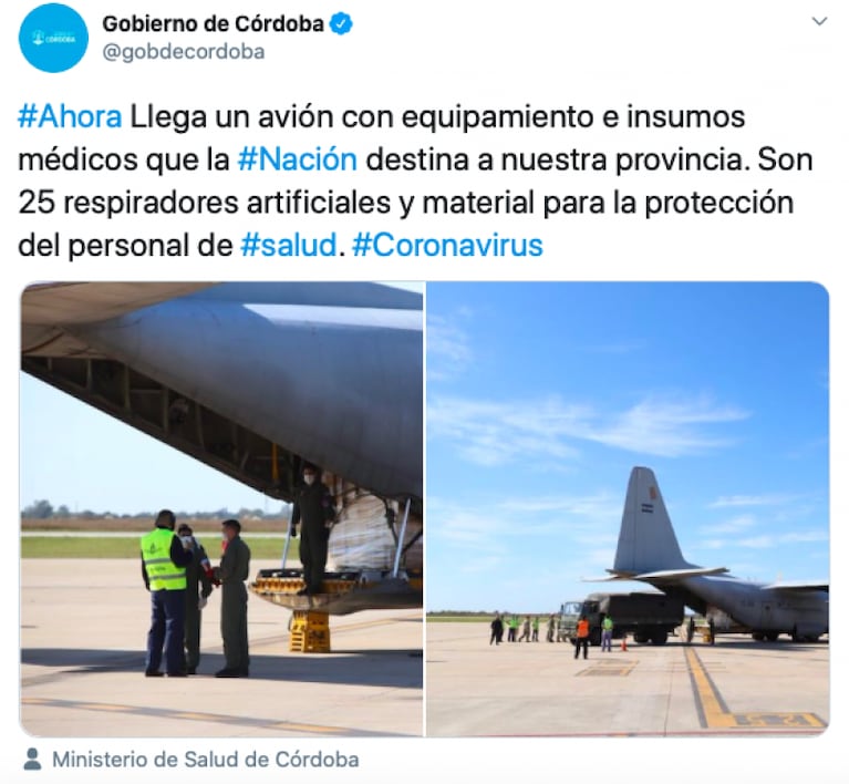 Coronavirus: el ministro de Salud, Ginés González García, llegó a Córdoba con insumos