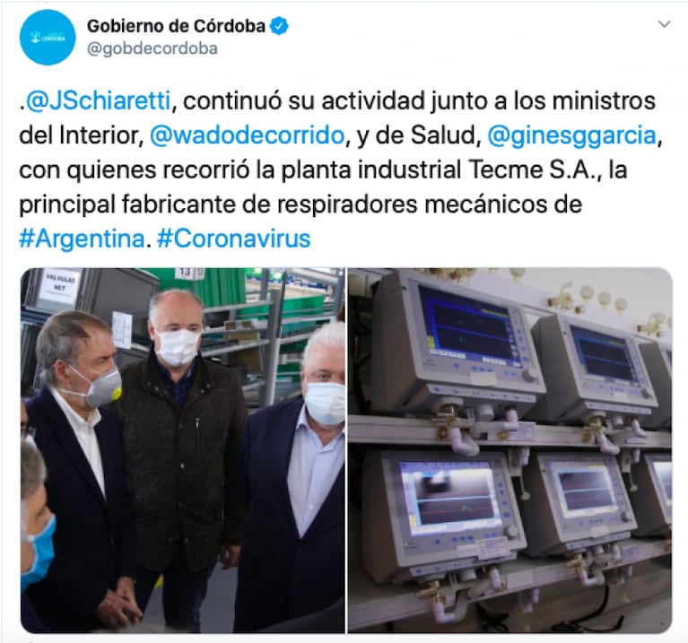 Coronavirus: el ministro de Salud, Ginés González García, llegó a Córdoba con insumos