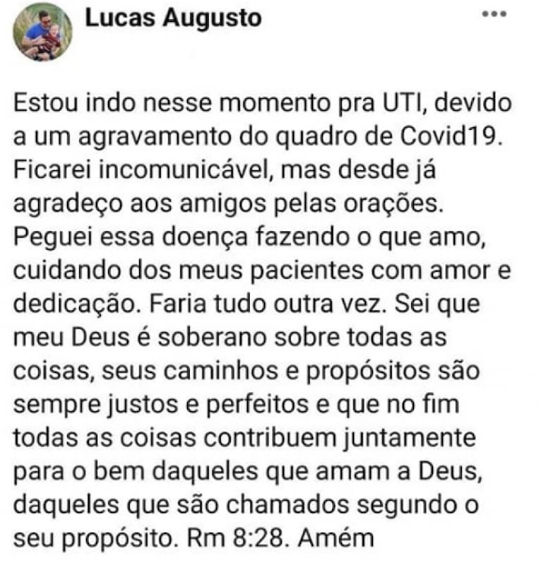 Coronavirus en Brasil: el emotivo mensaje de un médico que murió "haciendo lo que amaba"