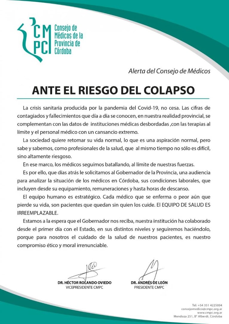 Coronavirus: los médicos de Córdoba advierten que hay "riesgo de colapso"