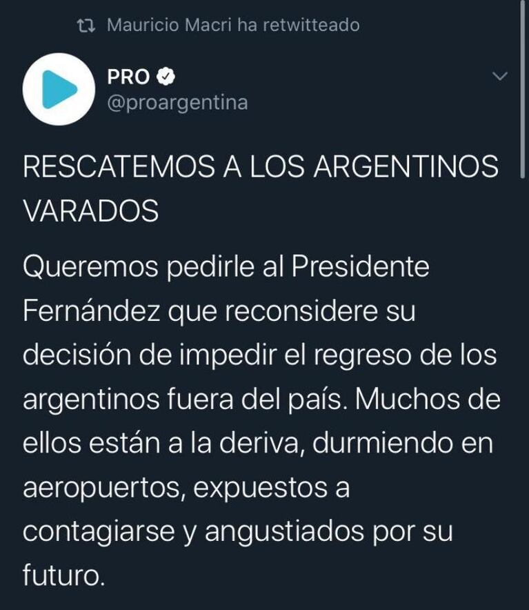 Coronavirus: Macri le pidió al Gobierno nacional que permita el regreso de argentinos varados