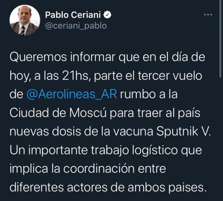 Coronavirus: partió el tercer vuelo en busca de más dosis de la vacuna rusa