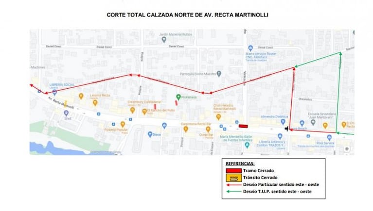 Cortan el tránsito en Av. Recta Martinolli por obras 