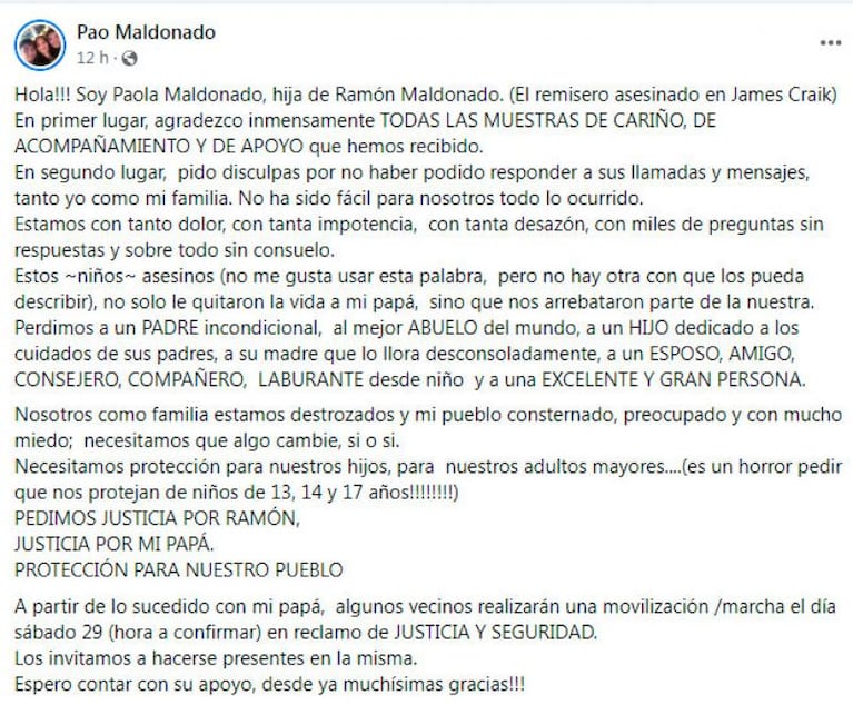 Crimen del remisero: el desgarrador mensaje de la hija sobre los “niños asesinos”