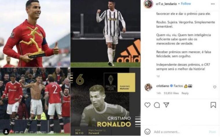 Cristiano Ronaldo apoyó un comentario contra Lionel Messi por el Balón de Oro