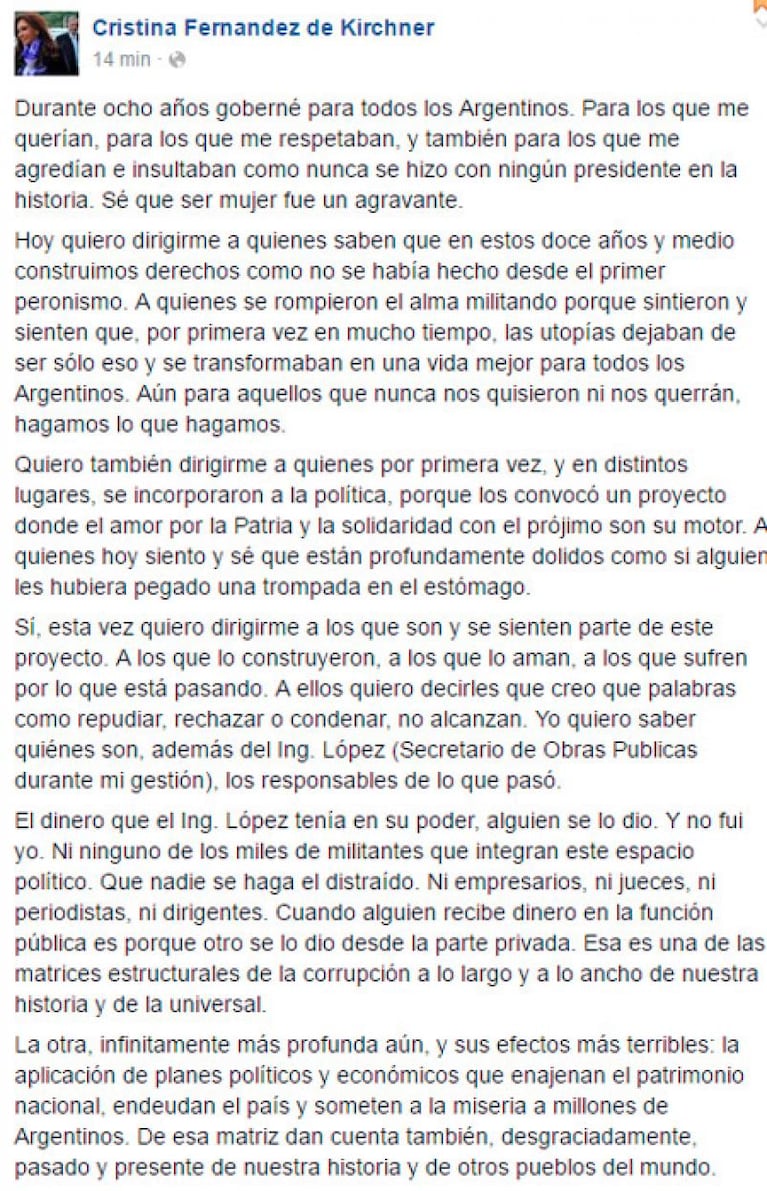 Cristina: "Alguien le dio el dinero a López y no fui yo"