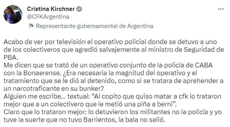 Cristina Kirchner comparó el crimen del colectivero con el atentado en su contra