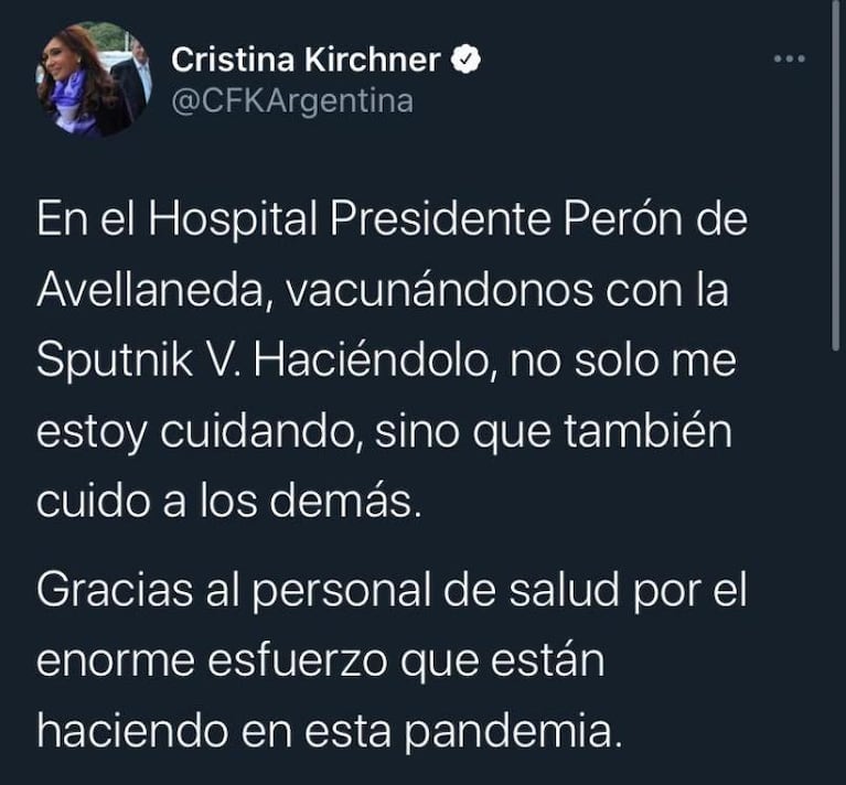 Cristina Kirchner recibió la primera dosis de la vacuna rusa contra el coronavirus