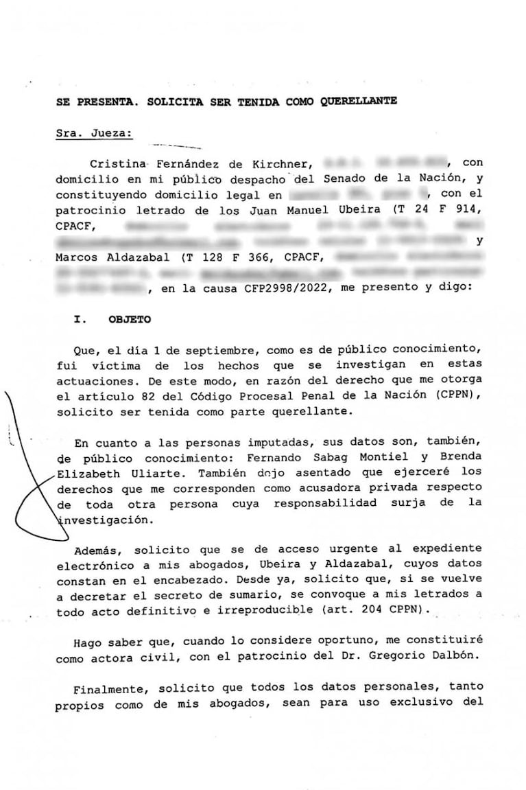 Cristina Kirchner solicitó ser querellante en la causa por el atentado en su contra