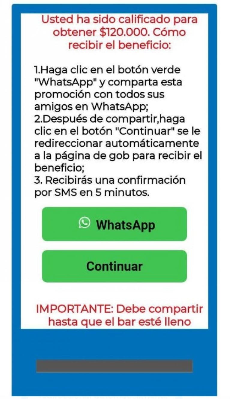 Cuidado: una falsa cadena de WhatsApp ofrece un bono del Gobierno