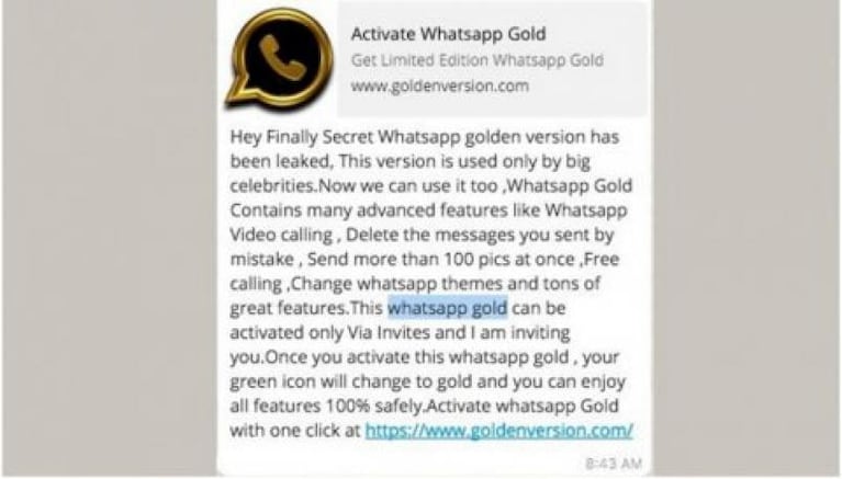 Cuidado: WhatsApp Gold, una falsa versión premium que es un virus
