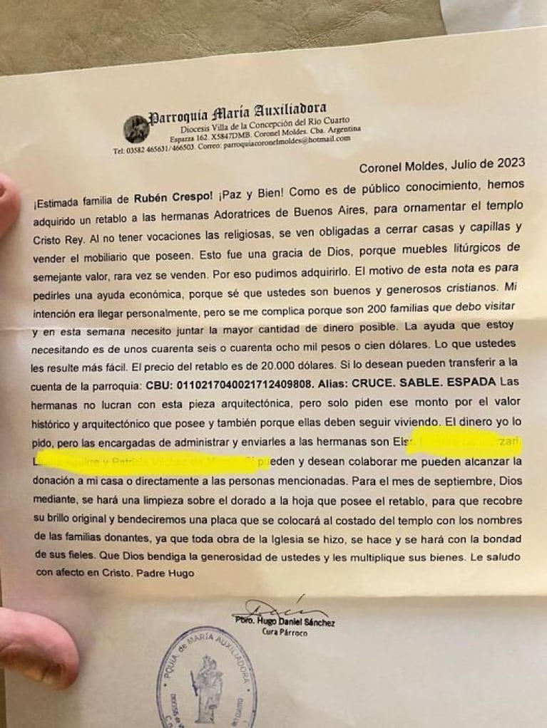 Cura cordobés pidió US$20 mil para un "mueble litúrgico" y causó polémica