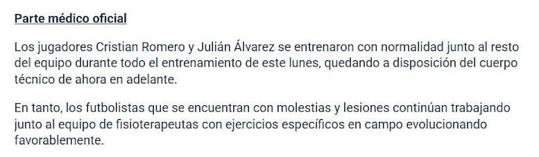 Cuti Romero y Julián Álvarez se recuperaron y ya entrenan con normalidad en la Selección