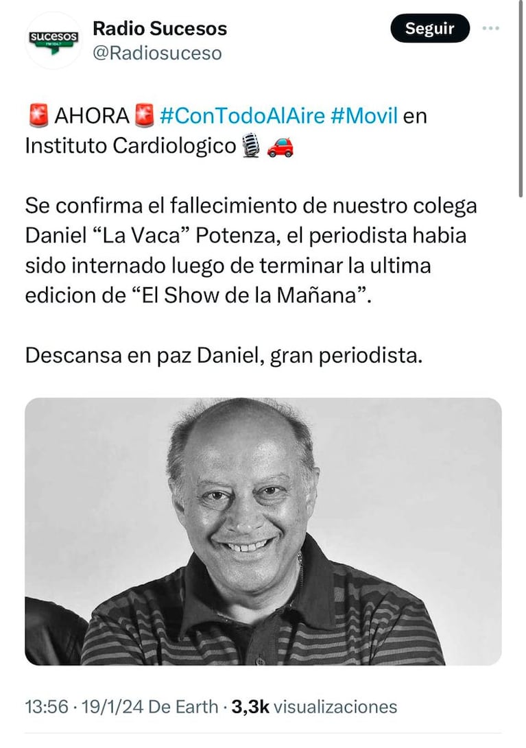 Daniel "La Vaca" Potenza, periodista de El Doce, víctima de una grave noticia falsa