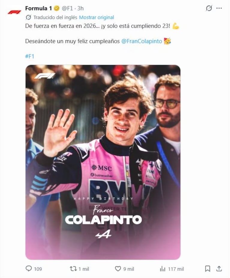 “De fuerza a fuerza”: los saludos de Alpine y la F1 a Colapinto por su cumpleaños n° 23