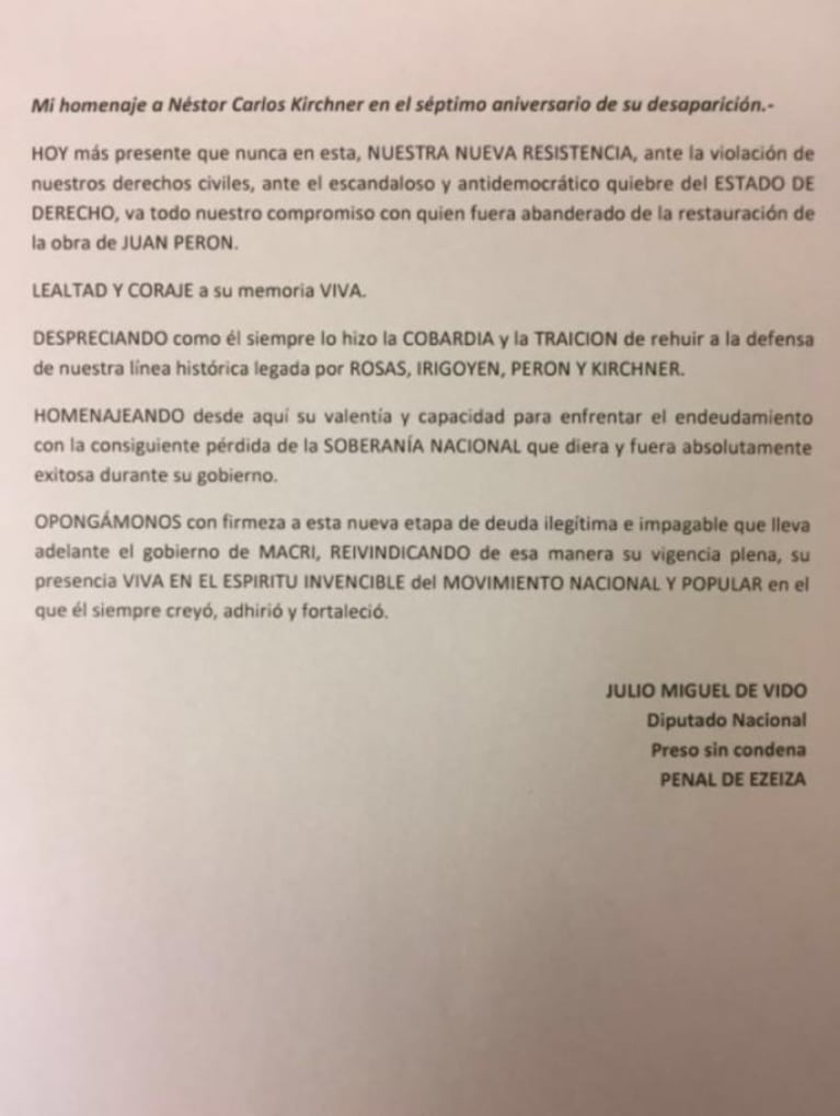 De Vido descargó su ira desde la cárcel con una carta