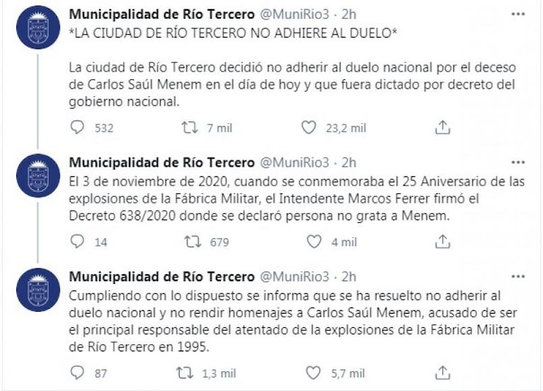 Decretan tres días de duelo nacional por Menem: Río Tercero no adhirió y no lo homenajeará