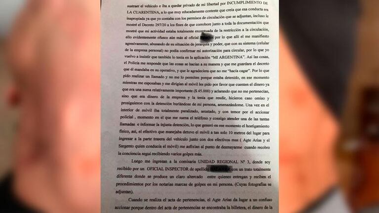 Denuncia que policías lo golpearon, pero lo imputaron por escapar de un control por la cuarentena