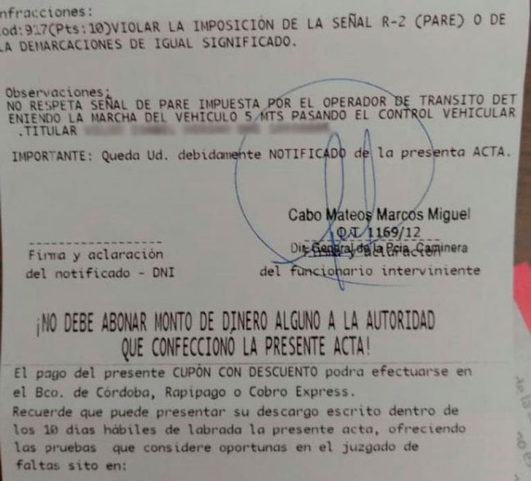 Denuncian que la Policía Caminera les hizo una insólita multa de 8.400 pesos