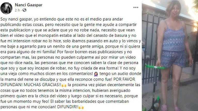 Denuncian que robó un monopatín de un niño de 2 años: “Era para una gente amiga”