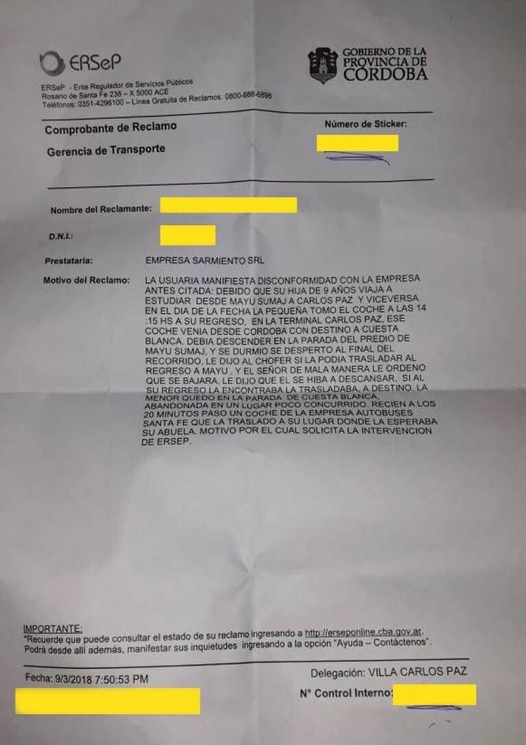 Denunciaron al chofer por dejar a una nena sobre la ruta en Carlos Paz