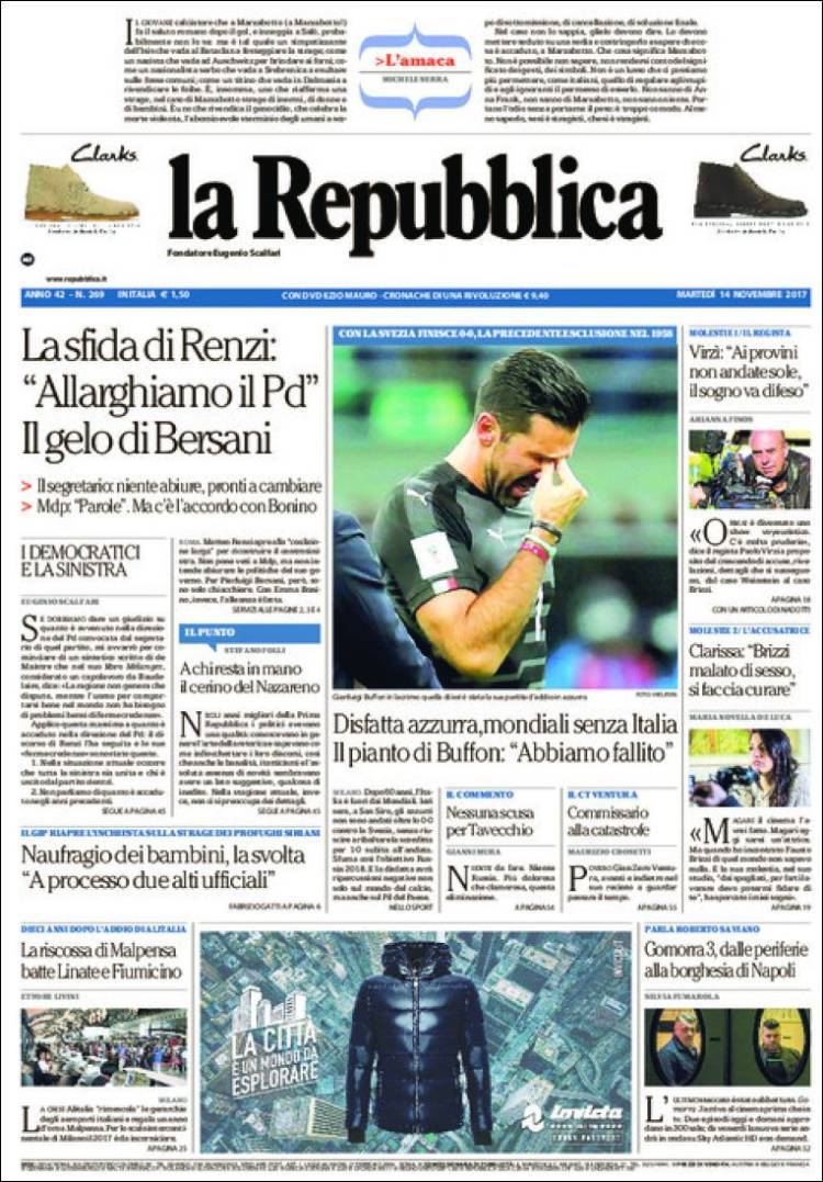 "Derrota azzurra, Mundial sin Italia. El llanto de Buffon: 'Fracasamos', dice La Repubblica.