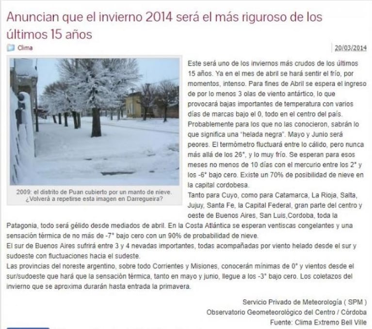 Desmienten información sobre "el invierno más crudo en 15 años"