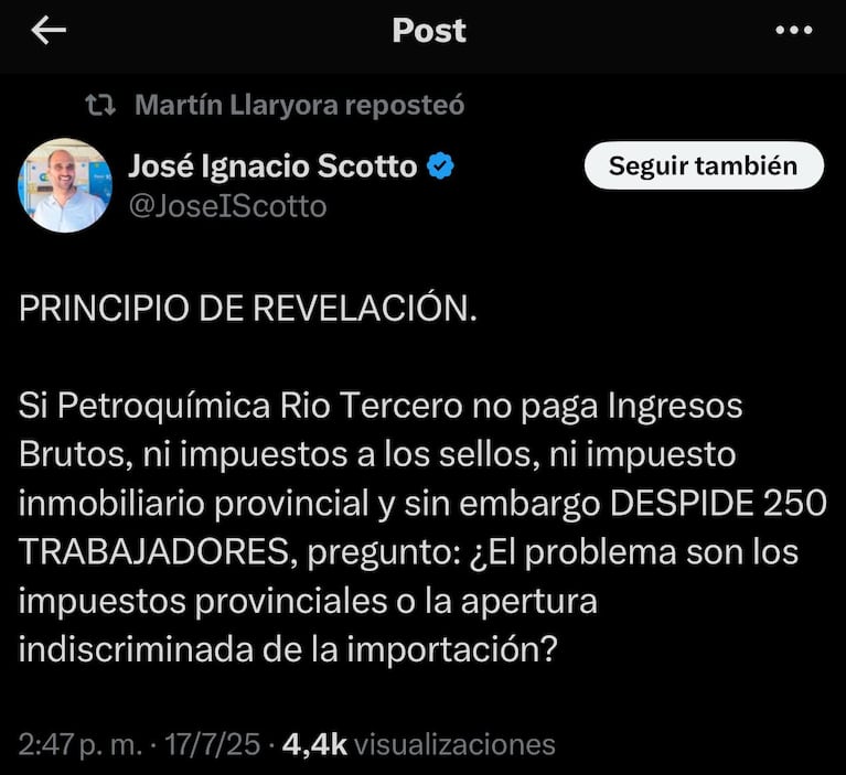 Despidos en Petroquímica: el fuerte retuit de Llaryora criticando una medida de Milei