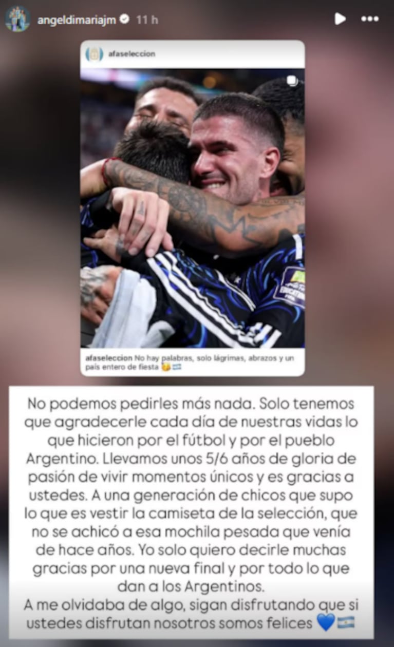 Di María le dedicó mensajes a la Selección tras conseguir el pase a una nueva final.