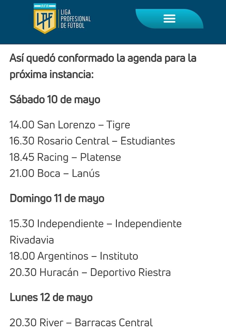 Días y horarios confirmados para los cruces de octavos de final del Apertura.
