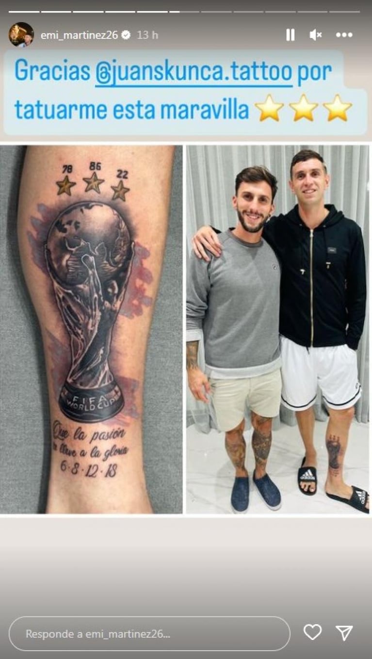 Dibu Martínez se tatuó la Copa del Mundo en la pierna de la atajada que salvó a Argentina