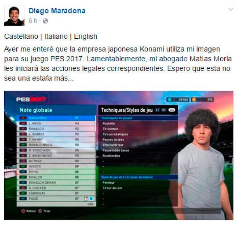 Diego Maradona enfurecido con el videojuego PES 2017