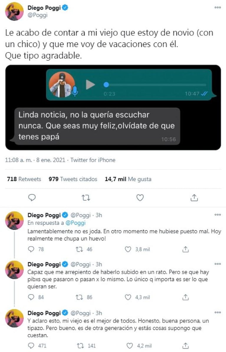 Diego Poggi publicó la hiriente respuesta de su papá tras contarle que tiene novio