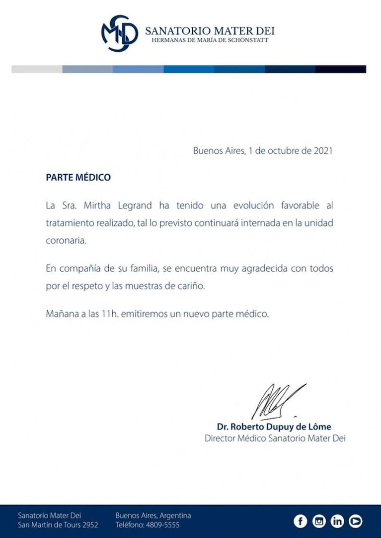 Difunden un nuevo parte médico de Mirtha Legrand: sigue internada