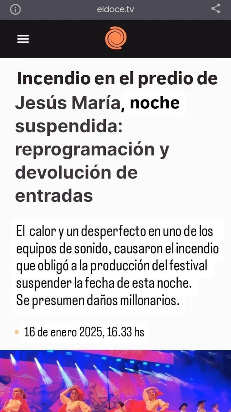 Difundieron una falsa noticia sobre el festival de Jesús María con el logo de El Doce. 