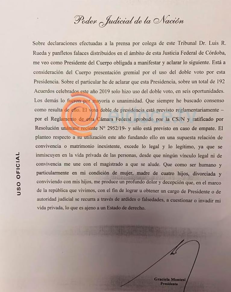 Disputa judicial: la presidenta de la Cámara Federal negó un vínculo afectivo con su colega