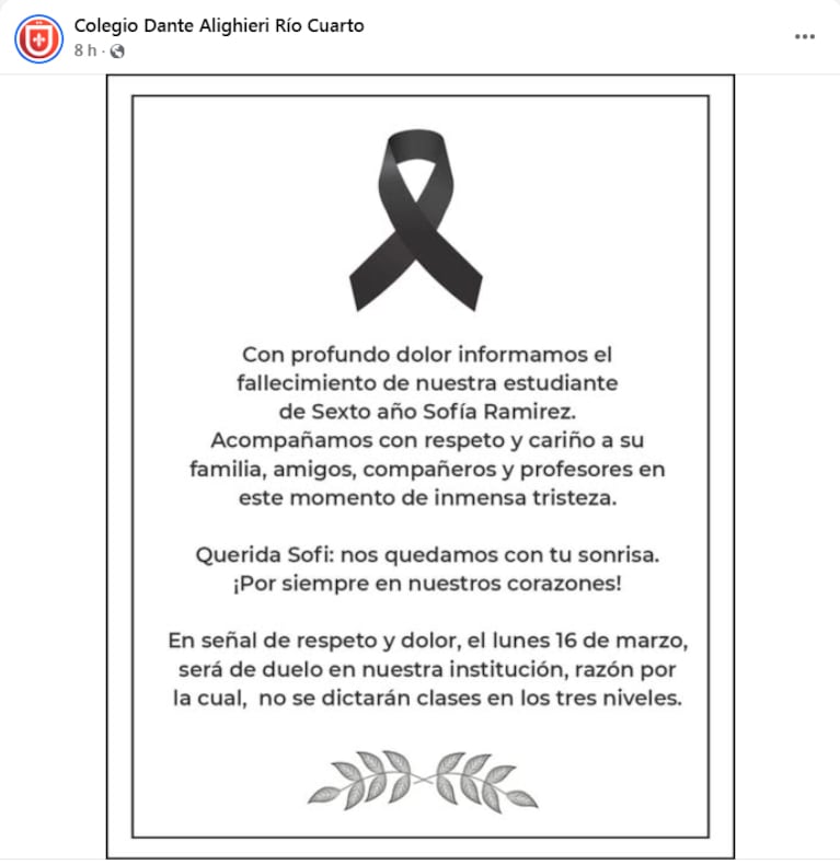 Dolor por la muerte de la chica de 17 años que volcó con un UTV: la despedida de su colegio en Río Cuarto