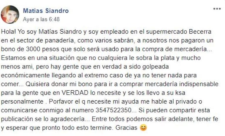 Donó el bono que le dieron en su trabajo para comprar comida