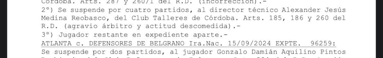 Dura sanción al Cacique Medina: los partidos en los que no podrá estar en el banco de Talleres