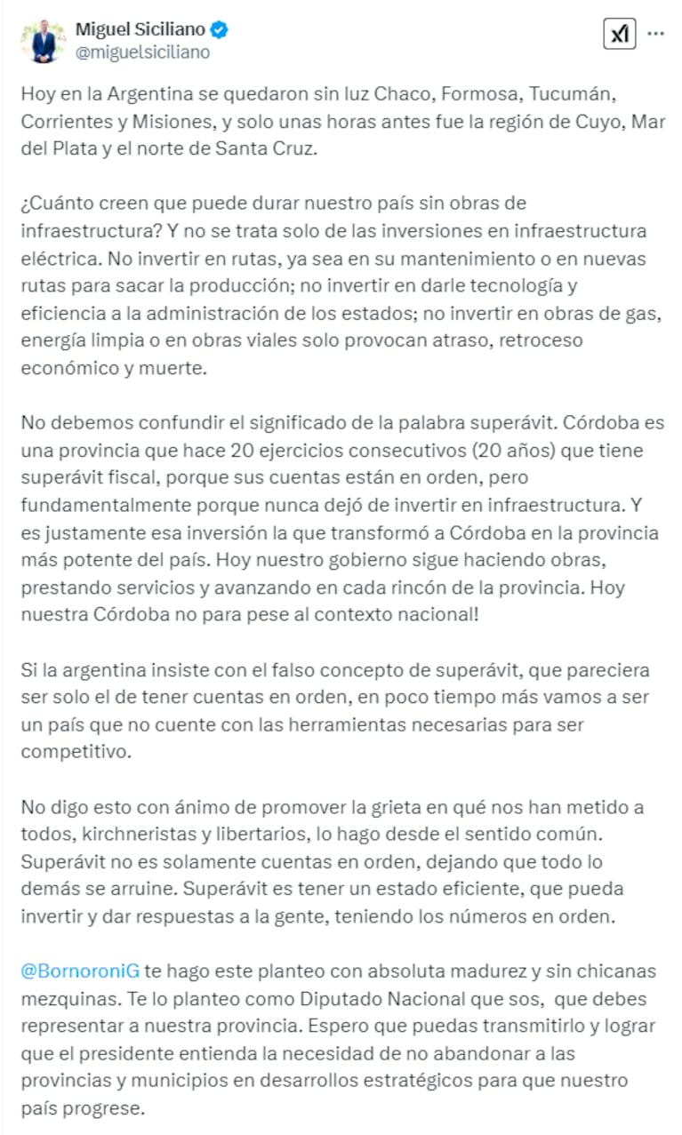 Duro cuestionamiento de Siciliano a Milei tras el apagón en varias provincias: el reclamo por obras