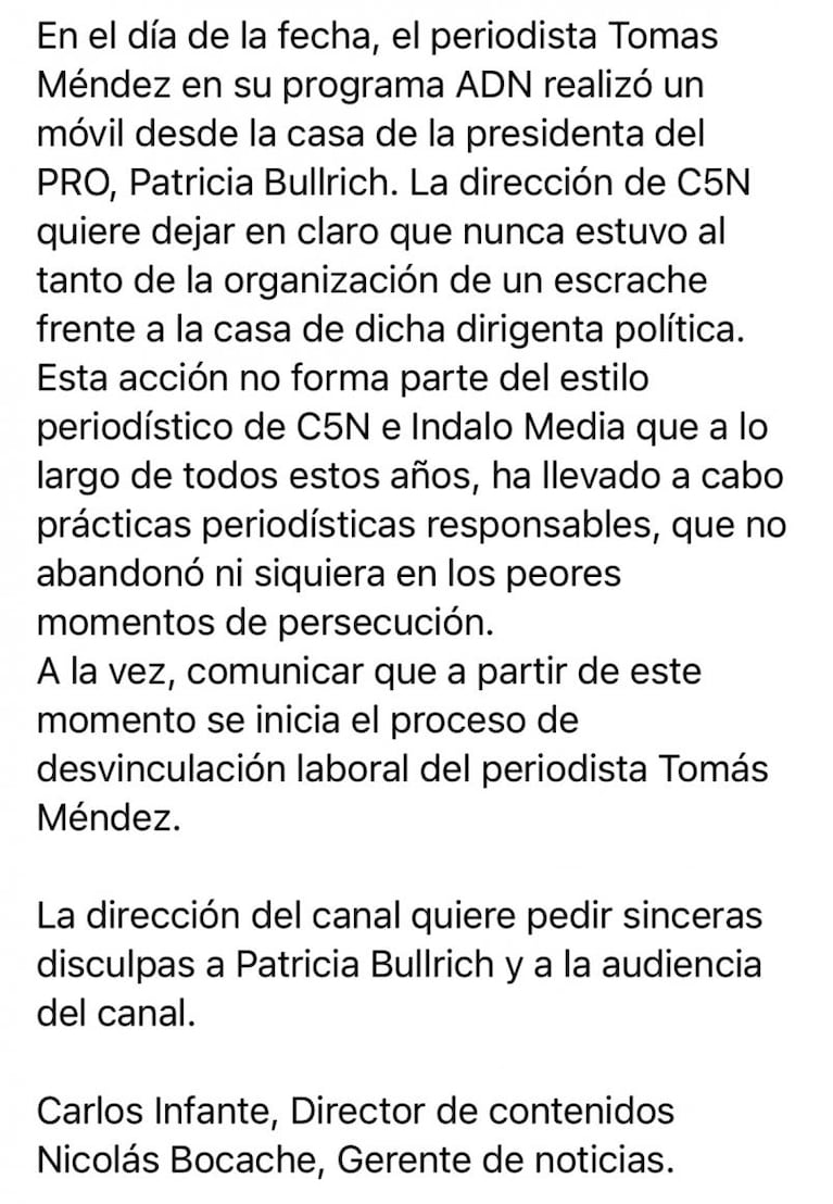 Echaron a Tomás Méndez de C5N por el escrache a Patricia Bullrich