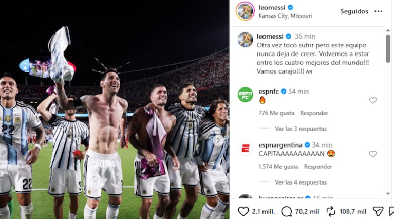 El 10 celebró el triunfazo en sus redes.