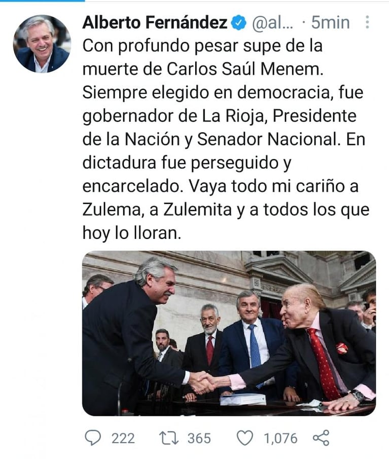 El adiós a Menem: los mensajes de Alberto Fernández, Mauricio Macri y Juan Schiaretti