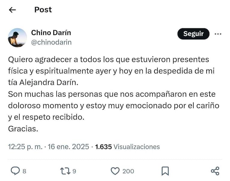 El agradecimiento del Chino Darín tras la despedida a su tía. (Foto: captura X/chinodarin)