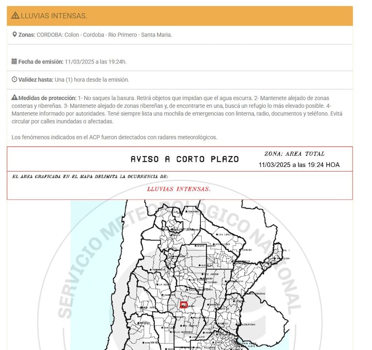 El alerta del SMN para Córdoba, una hora después del diluvio.