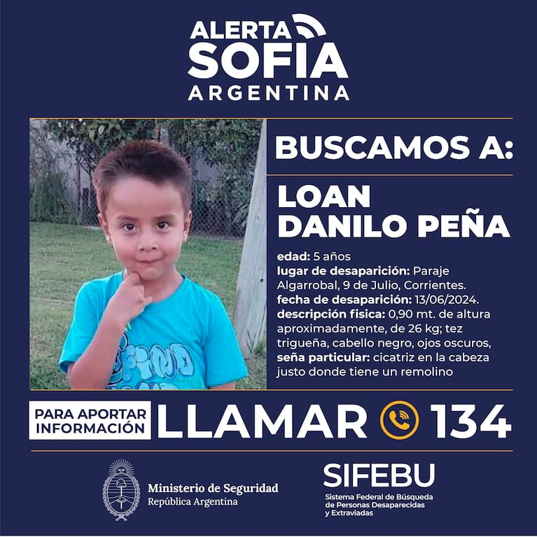 El Alerta Sofía por la desaparición de Loan en Corrientes.