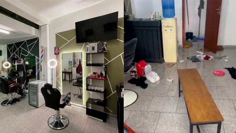 El antes y el después de la barbería desvalijada.