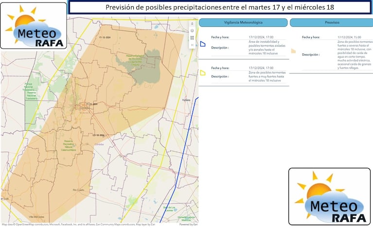 El área de Córdoba con pronóstico de tormenta.