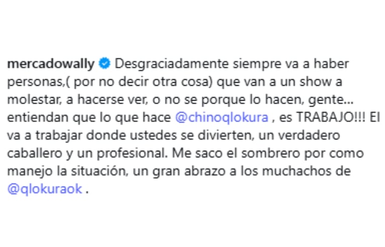 El artista apoyó al Chino Herrera después de que alguien del público le arrojara un vaso.